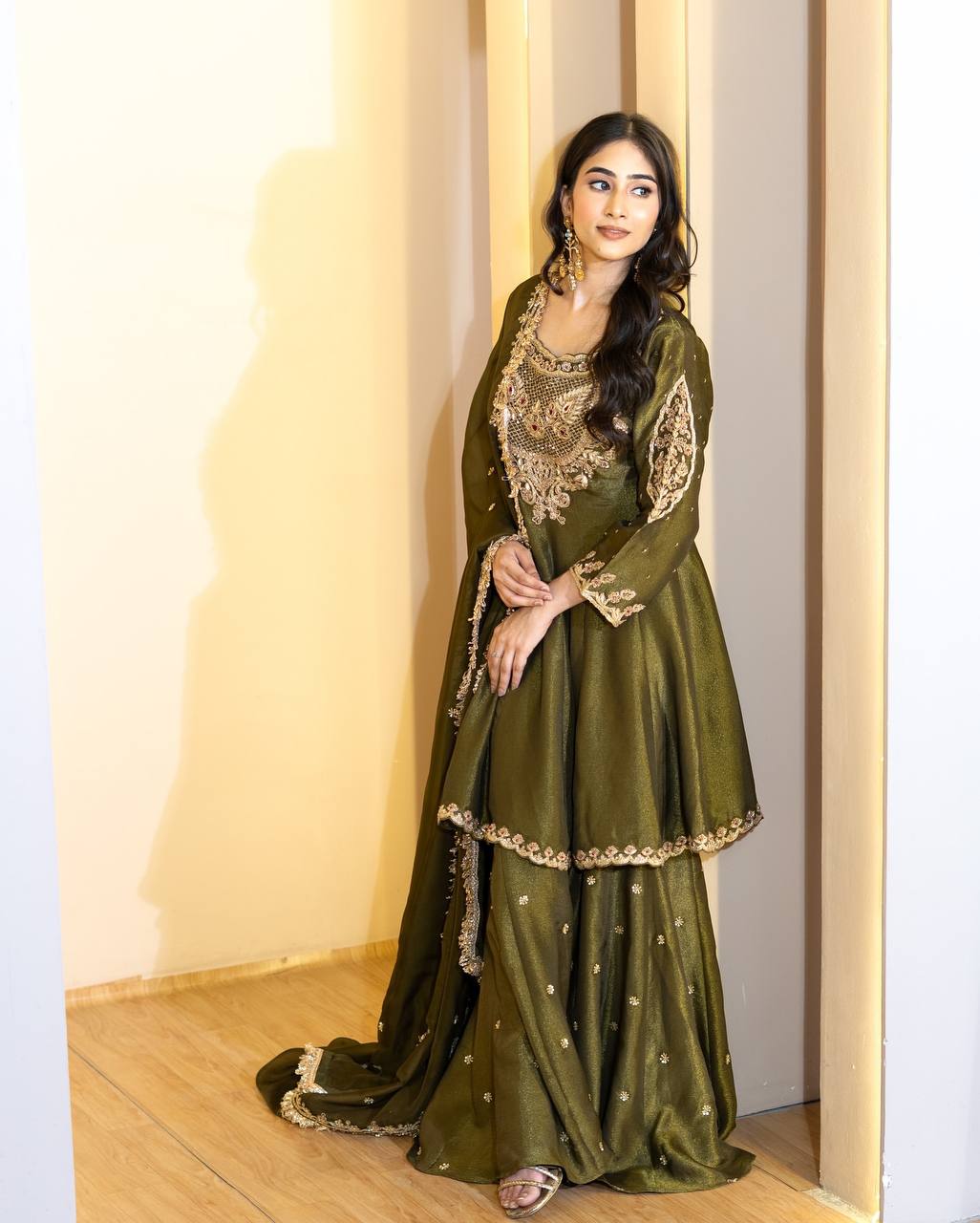 olive green indian dress Suhasini Olive Green Ethnic Gown with Zari Border – Festive Wear L / Olive main image 0