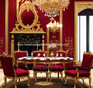 ชุดรับประทานอาหารแกะสลักรูปใบไม้สีทองสวยงาม10ชิ้นหรูหราวิลล่าโต๊ะไม้สักแบบกำหนดเองสีแดงหลวงเฟอร์นิเจอร์บ้านของแท้ - Product Image 4