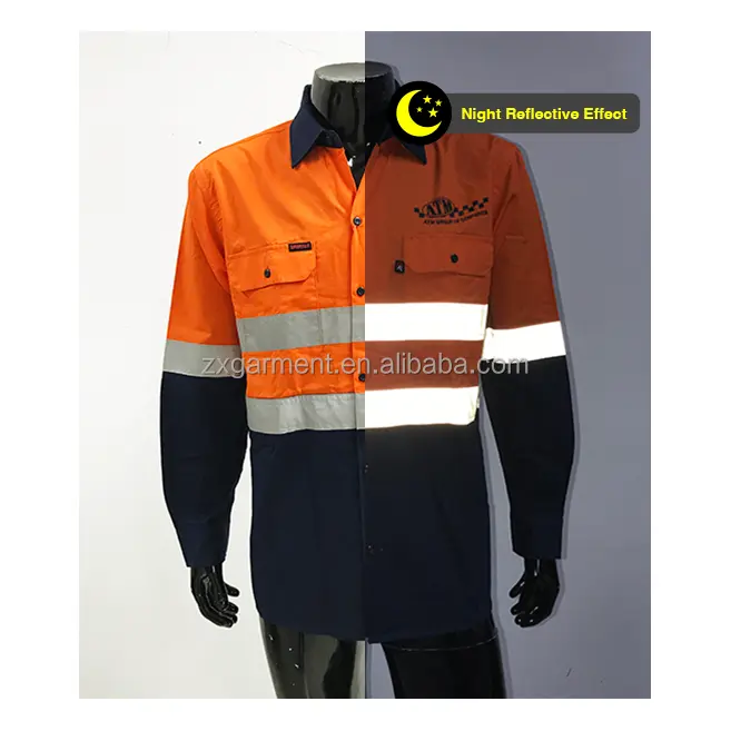 Toptan özel yangın koruma % 100% pamuk FR matkap 2 tonlu kireç-donanma güvenlik turuncu gömlek