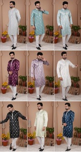 Conjunto de pijama Kurta de seda Malai étnico exclusivo para hombre con bordado pesado y trabajo de secuencia perfecto para ropa festiva de boda - Product Image 6