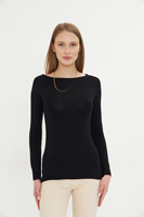 Camiseta de Punto de Manga Larga con Cuello Redondo para Mujer, Color Negro, Corte Ajustado, Estilo Minimalista, para Todas las Temporadas