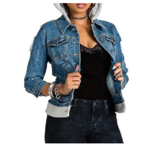 Veste en jean d'hiver élégante pour femme, motif à carreaux, effet usé, capuche, manches longues, boutons décoratifs - Product Image 2