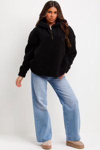 Meilleure vente Sweat-shirt à capuche en molleton Teddy pour femme personnalisé noir demi-col zippé Sweats à capuche d'entraînement broderie pour l'hiver - Product Image 5