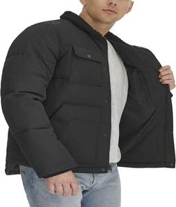 Winter Casual Men's Leather <b>Puffer</b> <b>Jacket</b> with Shirt Collar Canvas Fabric Quick Dry High Street Style Over Size <b>Hoodless</b> Outwear - Product Image 1