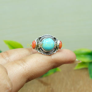 Anillo de Turquesa de Arizona, Anillo de Coral Rojo, Plata de Ley 925, Diseño Hecho a Mano, Anillo de Diseño, Joyería de Turquesa, Joyería de Coral Rojo - Product Image 3