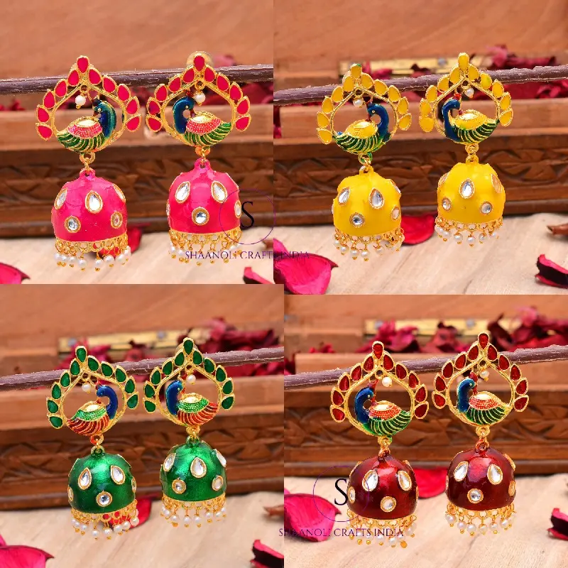 Traditional Peacock Kundan Meena Jhumka Gold Plated Jhumki Earrings For Women