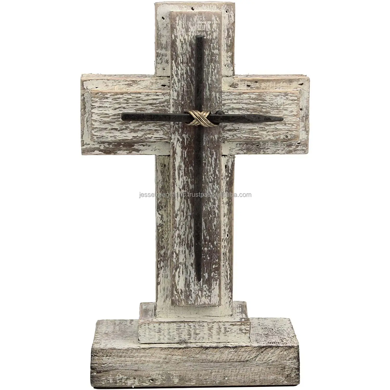 Handmade Wooden Tabletop Cross With White Wash Finishing Metal Rod Cross Inlay Design Excellent Quality For Church
