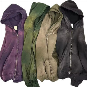 Heavyweight 100% algodón francés Terry grueso Vintage desgastado Sun Faded Boxy Fit Zip Up Rhinestone verde ácido lavado sudaderas con capucha para hombres - Product Image 1