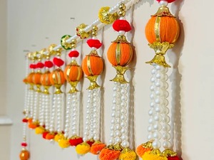 Adorno colgante tradicional hecho a mano pompón perla borla Toran festivo Diwali puerta decoración boda india tela hogar - Product Image 6