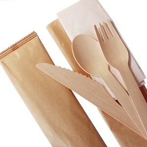 Ensemble de couverts jetables en bois naturel à 100 % pour les fêtes, écologiques, biodégradables, couteau, fourchette, serviette, vaisselle Kego - Product Image 1