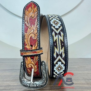 Nouveau bas quantité minimale de commande usine OEM ODM ceintures en cuir perlé usiné à la main pour hommes et femmes ceintures à boucle ardillon en alliage de cuir de vachette véritable - Product Image 1