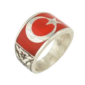 Anillo de Plata de Ley 925 Hecho a Mano con Diseño de Estrella y Luna Creciente Grabado en Rojo, Inspirado en el Islam, para Regalos Religiosos - Product Image 1