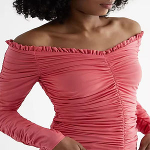 Camisa Casual de Hombro Descubierto para Mujer, Tendencia Mundial, Manga Larga, Diseño Plisado Estampado de Invierno, Transpirable, Tejido Ecológico - Product Image 2