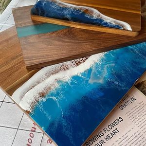 Tabla de cortar de madera de acacia de resina de bambú epoxi, tabla de cortar de queso con mango, patrón de ola de océano elegante para preparación de comidas de cocina - Product Image 5