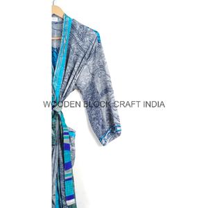 Robe Maxi à motif floral romantique pour femmes hiver Patchwork crêpe soie Kimono fermeture à cordon Design solide Satin pour l'été - Product Image 3