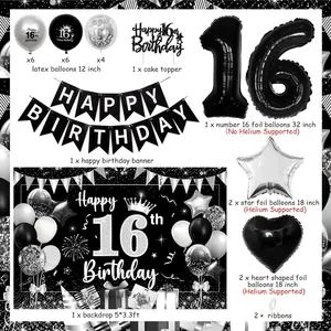 Joyeux <span class=keywords><strong>anniversaire</strong></span> bannière gâteau Topper 16 ballons en aluminium noir et argent 16e <span class=keywords><strong>anniversaire</strong></span> décorations pour garçons filles - Product Image 5
