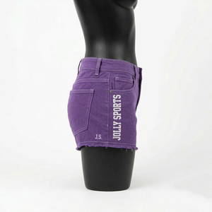 Shorts de mezclilla morados premium para mujer, 320 GSM, algodón y spandex, tela elástica, logotipo personalizado, shorts para realzar glúteos. - Product Image 4