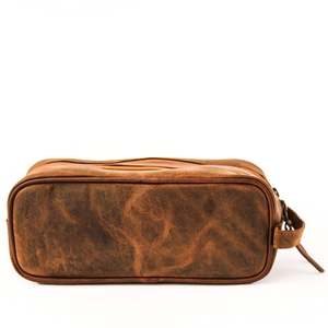Vintage Leather Toiletry Bag with Zipper Closure Medium Size Soft Handle Durable Cosmetic <b>Case</b> for Travel - Product Image 4