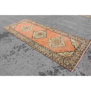 Vintage naranja verde alfombra turca 4,4 X 10.5ft clásico área grande rectángulo Patchwork diseño lana látex respetuoso con el medio pelo - Product Image 2