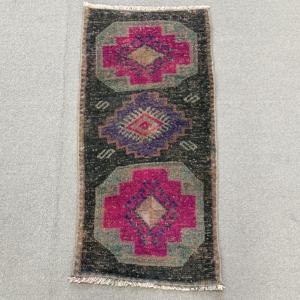 <b>Rug</b>, 1.2x2.5 ft Vintage <b>Rug</b>, <b>Black</b> Check <b>Rug</b> Wool - Product Image 1