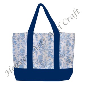 Sac fourre-tout en tissu imprimé à la main avec poignée bleue, provenant d'Inde, motif floral multi-main avec deux bretelles, vente en gros BHCB007 - Product Image 6