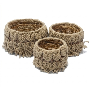 Natural Banana Bark Storage <b>Basket</b> Set Macrame Chevron Fringe Cylinder Shallow Pot Planter Boho Setup Room Decor Pure Art Craft - Product Image 1