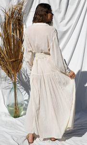 Vestido largo bohemio de manga larga abullonada hasta el suelo con botones y cinturón para mujer - Product Image 4