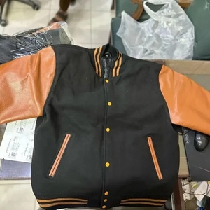 แจ็คเก็ตกีฬาสีดำแขนเสื้อหนังขนสัตว์, เสื้อแจ็คเก็ตบอมเบอร์เสื้อใส่เล่นกีฬา - Product Image 5