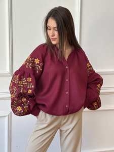 Auténtica blusa de diseño eslavo tradicional ucraniano de lino Borgoña con bordado popular Vyshyvanka cintura Natural lavable - Product Image 3