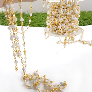 Chaîne de chapelet perlé en pierre de lune blanche et pyrite dorée Chaîne de pierres précieuses enroulée en fil de 3 à 3.5mm pour la fabrication de bijoux - Product Image 6