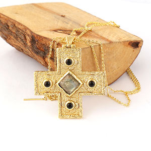 Boho style gemstone necklace cabochon labradorite with <b>black</b> cz charms pendant 18k gold plated handmade cross jewelry necklace - Product Image 4