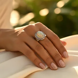 Women's <b>Vintage</b> <b>Opal</b> & Amethyst <b>Ring</b> with Oval Cut Diamond 925 Silver Rhodium Plated Fine Jewelry with Setting Inlay - Product Image 3