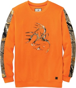 Men's Orange Fleece Crew Neck <b>Pullover</b> Sweatshirt With Camouflage Deer Applique Design Regular Fit Autumn Casual Wear - Product Image 1