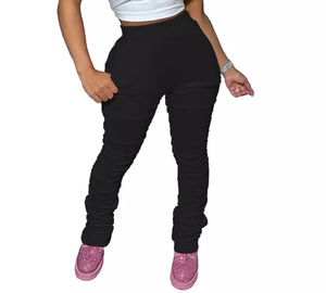 Pantalon empilé personnalisé pour femmes taille haute tissu extensible coupe ajustée design froncé tenue décontracté élégant pour les tenues de mode hiver - Product Image 3