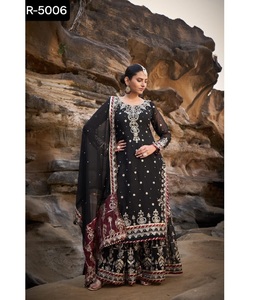 Indian and Pakistani Wedding Wear Faux Georgette Sharara Salwar Suit with Thread with Sequnce Work and <b>Lace</b> Border Dupatta Set - Product Image 1
