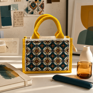 Sac fourre-tout mini en coton brodé Mosaic Bloom Juco, 9 x 6,5 x 4 pouces, jaune moutarde, avec fermeture éclair, sac cadeau - Product Image 5