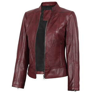 <b>Leather</b> <b>Jacket</b> For Women's Breathable Solid Color Quick Dry Front Zipper Stand Collar Multiple Pocket <b>Long</b> Sleeves Unique Design - Product Image 3