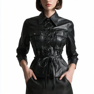 เสื้อผู้หญิงหนัง PU แขนยาวมีกระดุมหนังแท้ - Product Image 4