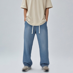 Pantalones vaqueros lavados personalizados para hombre, pantalones de corte recto de Color sólido, logotipo de cintura media, de punto, de talla grande, estilo de moda para niños y hombres - Product Image 5