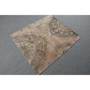 Vintage Small Rug 3.2x3.7 ft, Turkish <b>Brown</b> Check <b>Wool</b> Rug - Product Image 4