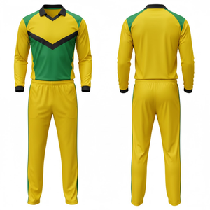 Uniforme de Cricket Sublimado con Logotipo Personalizado OEM para Hombre, Conjunto Transpirable de Jersey de Manga Larga y Pantalones con Diseño de Chevron Amarillo y Verde - Product Image 3