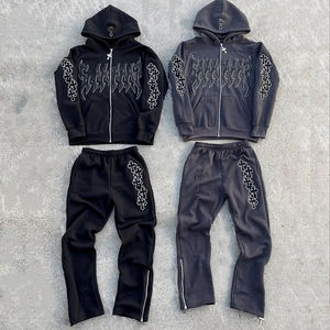2024 vêtements de luxe personnalisé mode Streetwear surdimensionné recadrée ourlet brut Vintage sweats à capuche et survêtement ensemble coton pierre lavage à l'acide costume - Product Image 5