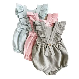 Wholesale Summer Solid Color Linen Cotton Baby Girls' Quality Kids Clothes Linen Comfortable Baby Romper