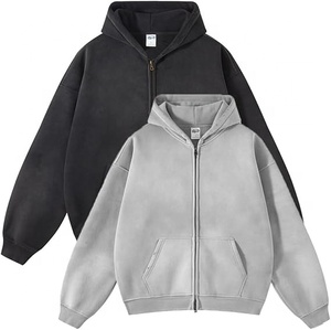 Sweat à capuche surdimensionné pour homme avec logo personnalisé, double fermeture éclair, effet délavé, 100% coton molletonné, fermeture éclair, écologique, respirant, motifs brodés - Product Image 3