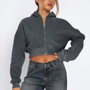Sweat à capuche zippé en molleton de coton pour femme à manches longues taille haute hauts courts Streetwear vêtements d'extérieur avec capuche - Product Image 2