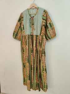 Vestido Largo Informal de Fiesta con Cuello en V y Manga Larga, 100% Algodón, con Rayas Verdes y Estampado de Tigre, Cierre con Cordones, Regalo Perfecto para Seres Queridos - Product Image 2