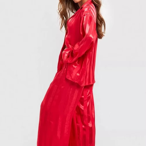 Confortable dames Satin pyjama été nouvelle glace soie à manches longues sommeil haut court couleur surdimensionné sommeil robe col rabattu - Product Image 5