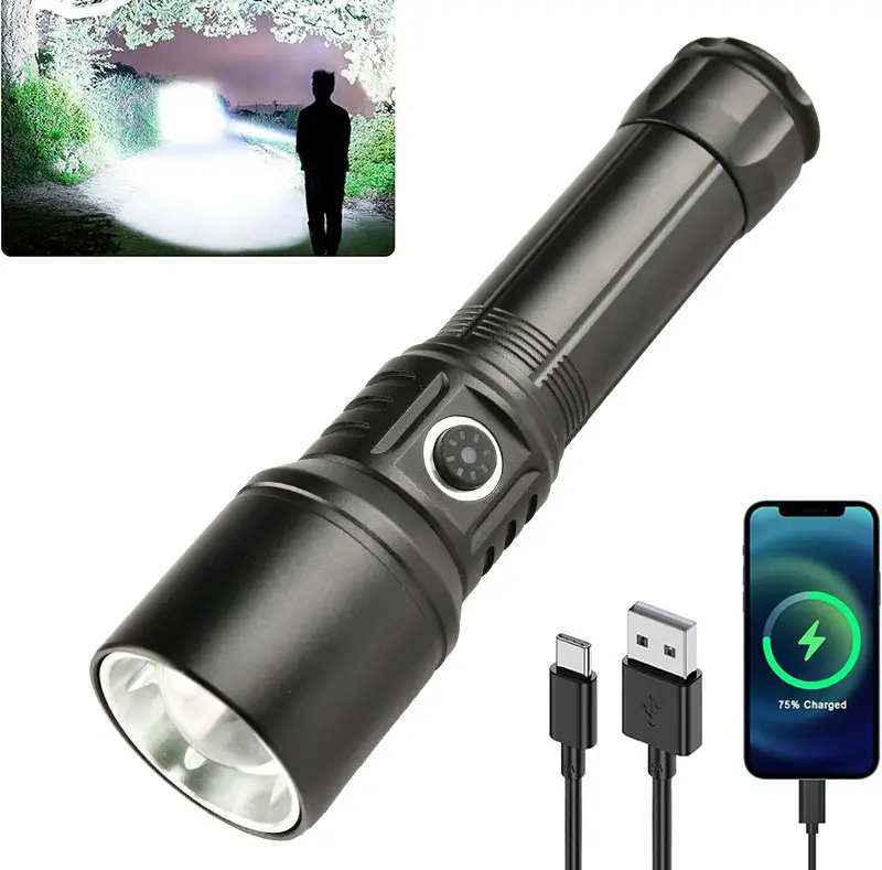 Long Range Metal Flashlight High Lumens 100000 USB-C Zoom Linterna Torch Light Tactical LED Powerful Flashlight Rechargeable