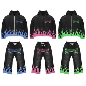 Oferta de Invierno: Sudadera con Capucha Unisex Vintage y Pantalones Acampanados de Cintura Elástica con Diseño Personalizado de Llamas y Letras Bordadas, Corte Holgado - Product Image 5