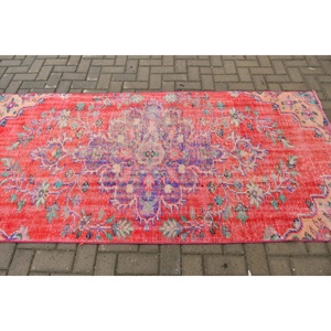 พรมตุรกี, พรมวินเทจขนาด 3.7x7.8 ฟุต, พรมขนสัตว์ลายอิคัตสีแดงน้ำเงิน - Product Image 3